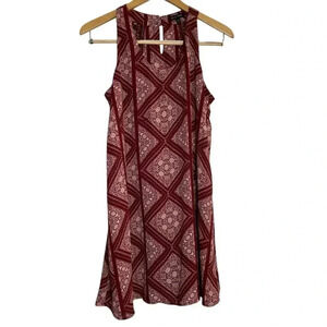 As U Wish Burgundy Boho Floral Tunic Dress Lace Keyhole Back Lined Medium Flowy